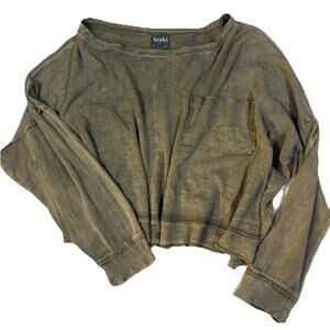 Arula Oversize Cropped Olive Green Acid Wash Top Women's xL Long Sleeve Shirt